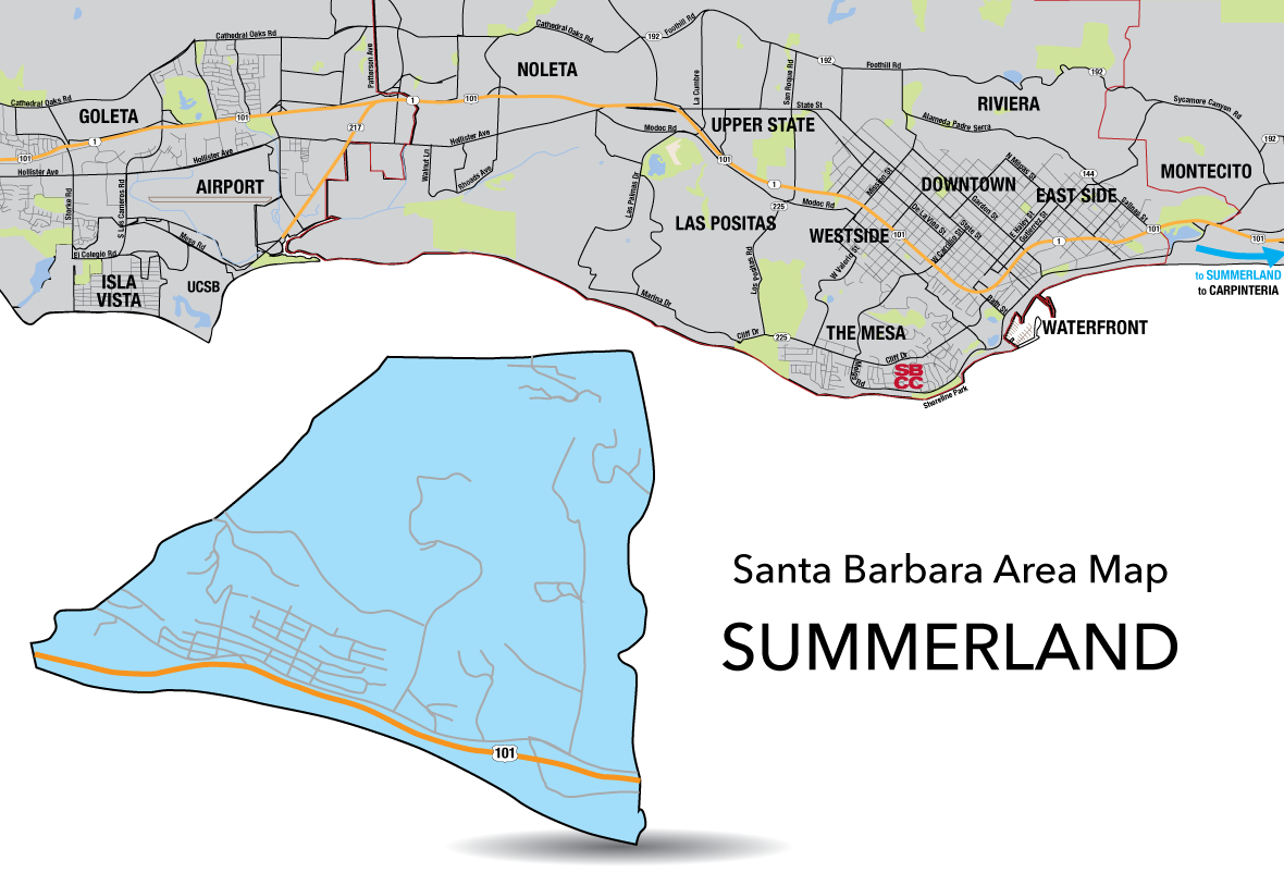 Santa Barbara County Area Map with Summerland Area highlighted