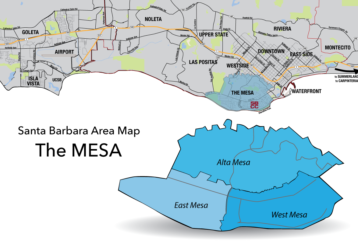 Santa Barbara County Area Map with the Mesa area highlighted